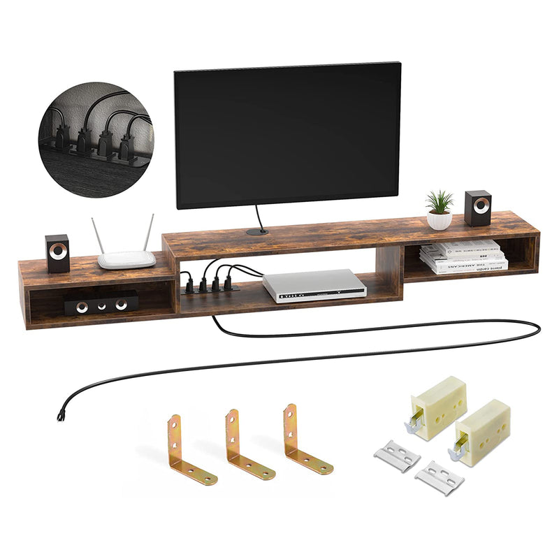 Fabato 59 In Wall Mounted Floating Media Console w/ Built In Power Strip, Rustic