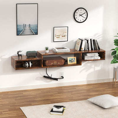 Fabato 59 In Wall Mounted Floating Media Console w/ Built In Power Strip, Rustic