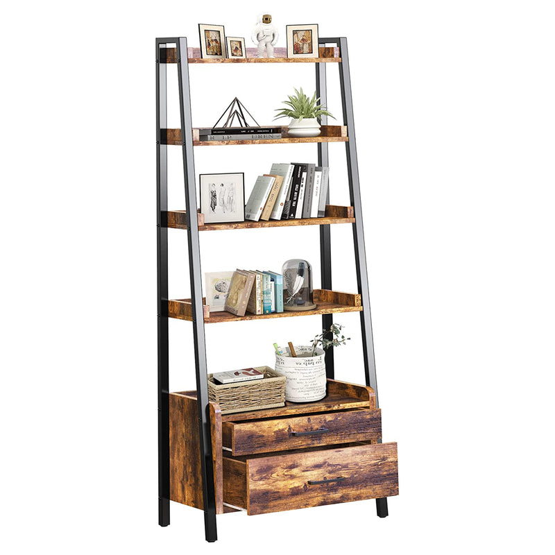 Fabato 5 Tier Display Bookcase with Ladder Shelves and Metal Frame, Rustic Brown