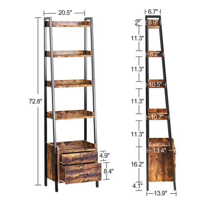 Fabato 5 Tier Display Bookcase with Ladder Shelves and Metal Frame, Rustic Brown