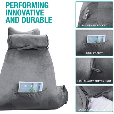 Vekkia Large Reading and Bed Rest Pillow with Back and Arm Support, Bright Gray