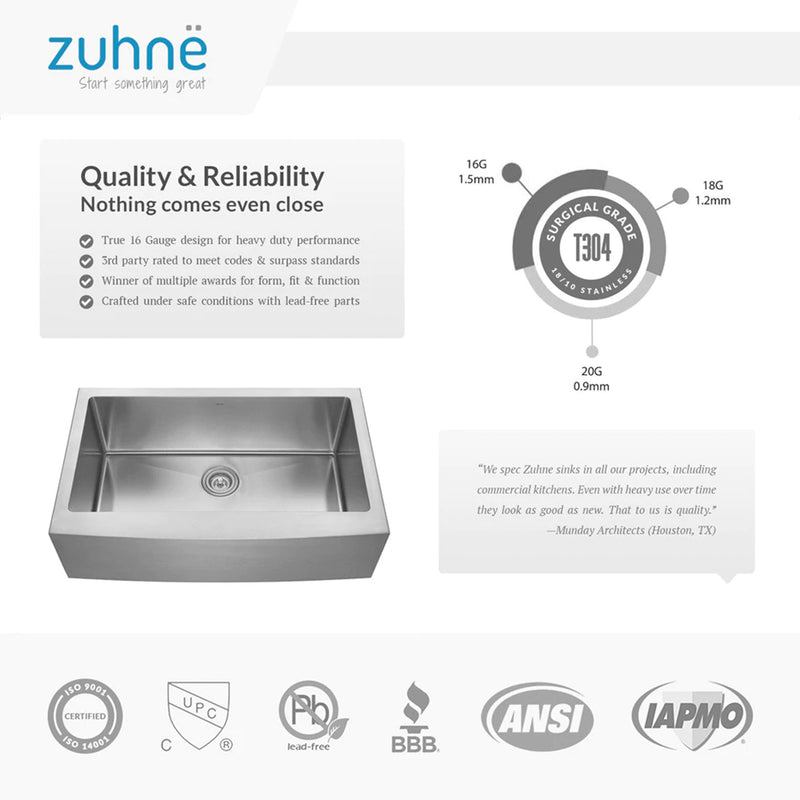 Zuhne Prato 33 Stainless Steel Deep Basin Farmhouse Sink with Curved Apron Front
