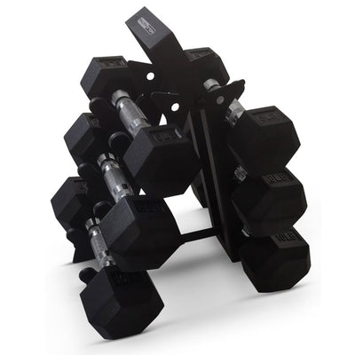 Hexagonal Dumbbell Free Hand Weight Set w/ Rack, 5, 8, & 10 Lbs, Black (Used)