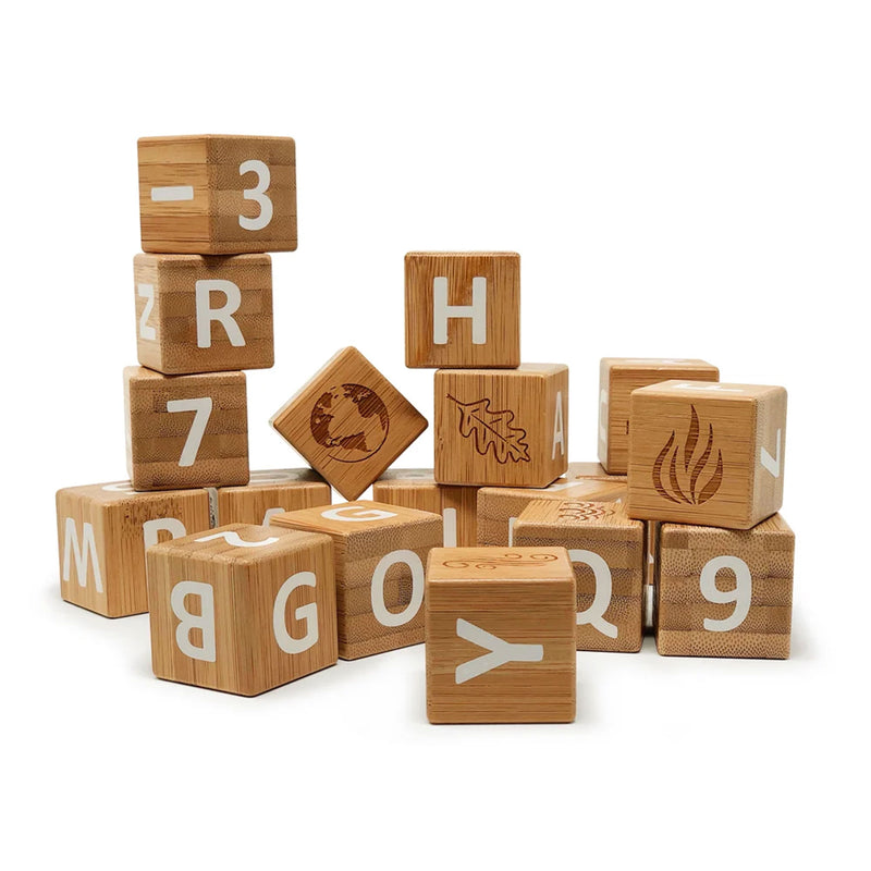Kinderfeets Kid Bamboo Toy Block Set w/ Letters, Numbers, and Figures, 18 Piece