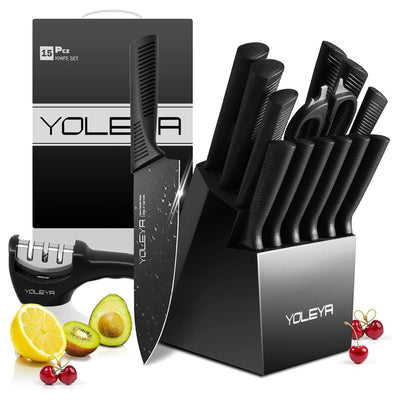 YOLEYA 15 Pc Kitchen Steel Knife Set w/ Block and Non Stick Coating, Black(Used)