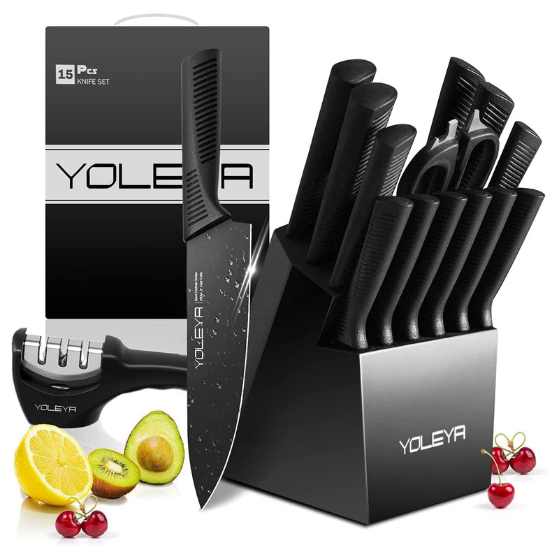 YOLEYA 15 Piece Kitchen Steel Knife Set with Block and Non Stick Coating, Black