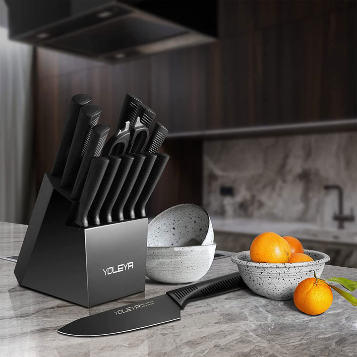 YOLEYA 15 Pc Kitchen Steel Knife Set w/ Block and Non Stick Coating, Black(Used)