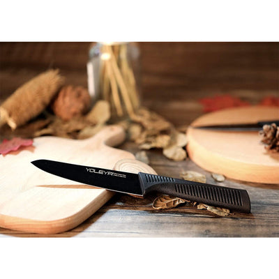 YOLEYA 15 Pc Kitchen Steel Knife Set w/ Block and Non Stick Coating, Black(Used) - VMInnovations