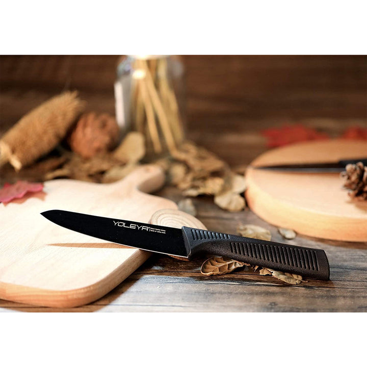 YOLEYA 15 Pc Kitchen Steel Knife Set w/ Block and Non Stick Coating, Black(Used)