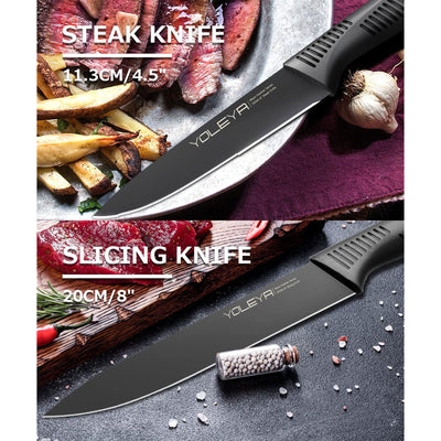 YOLEYA 15 Pc Kitchen Steel Knife Set w/ Block and Non Stick Coating, Black(Used) - VMInnovations