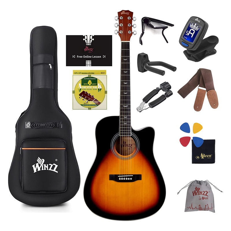 WINZZ Hand Rubbed Series 41 Inch Right Handed Acoustic Guitar Bundle, Sunburst