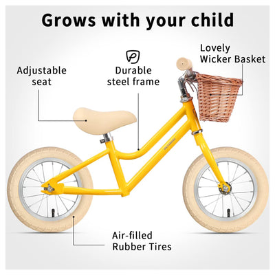 Petimini 12 In Kids Beginner Balance Bike with Basket for 2-6 Year Olds, Yellow