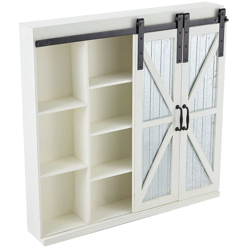 MELLCOM 4 Tier Wood Wall Storage Cabinet w/ 2 Aluminum Sliding Barn Doors, White