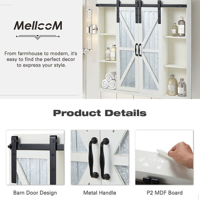 MELLCOM 4 Tier Wood Wall Storage Cabinet w/ 2 Aluminum Sliding Barn Doors, White