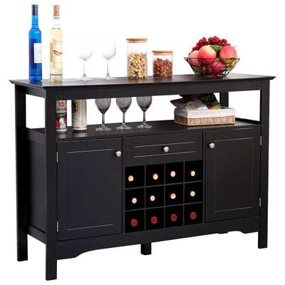 MELLCOM Modern Wooden Buffet Cabinet with Drawer and 12 Bottle Wine Rack, Black