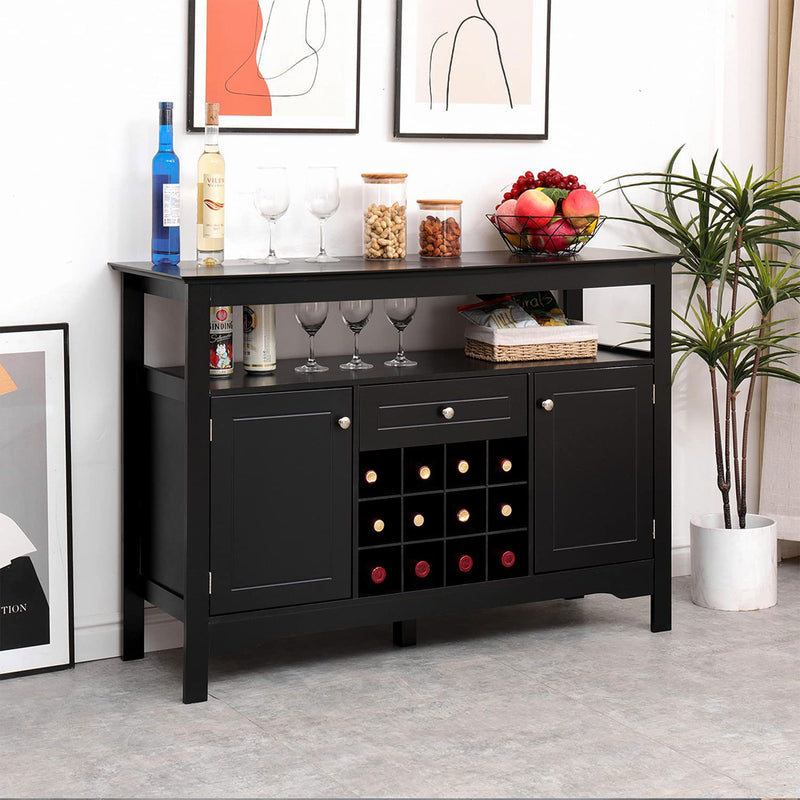 Modern Wooden Buffet Cabinet with Drawer and 12 Bottle Wine Rack, Black (Used)