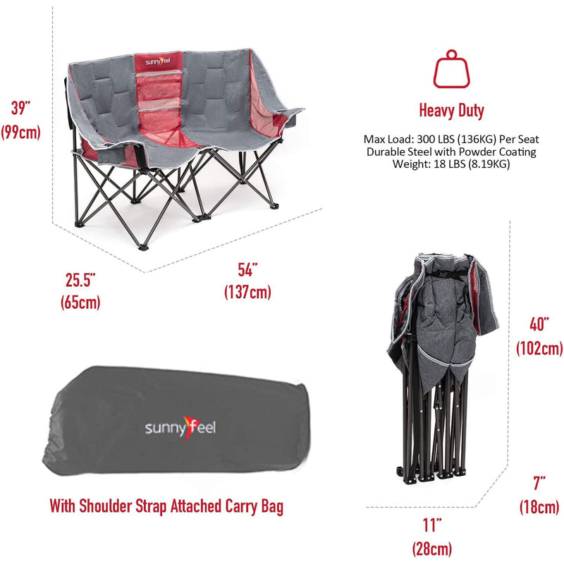 Sunnyfeel Outdoor Portable Double Loveseat Camping Chair with Cup Holders, Red