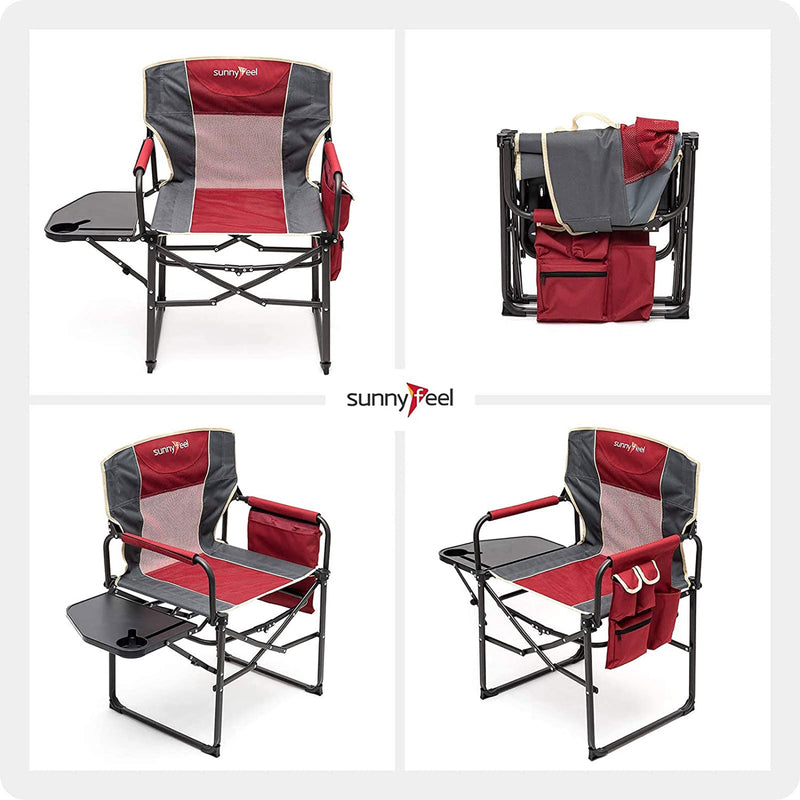 Sunnyfeel Portable Folding Directors Camping Chair with Side Table, Black/Red