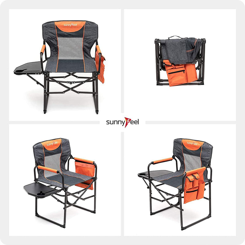 Sunnyfeel Portable Folding Directors Camping Chair with Side Table, Orange/Grey