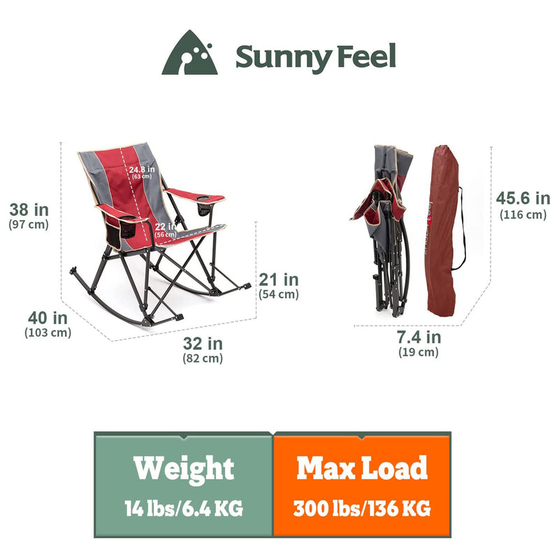 Sunnyfeel Outdoor Portable Folding Rocker Chair with Armrest Cup Holders, Red