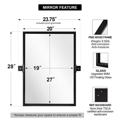 ANDY STAR Moon Mirror 20 x 28 Inch Rectangular Hanging Bathroom Vanity, Black