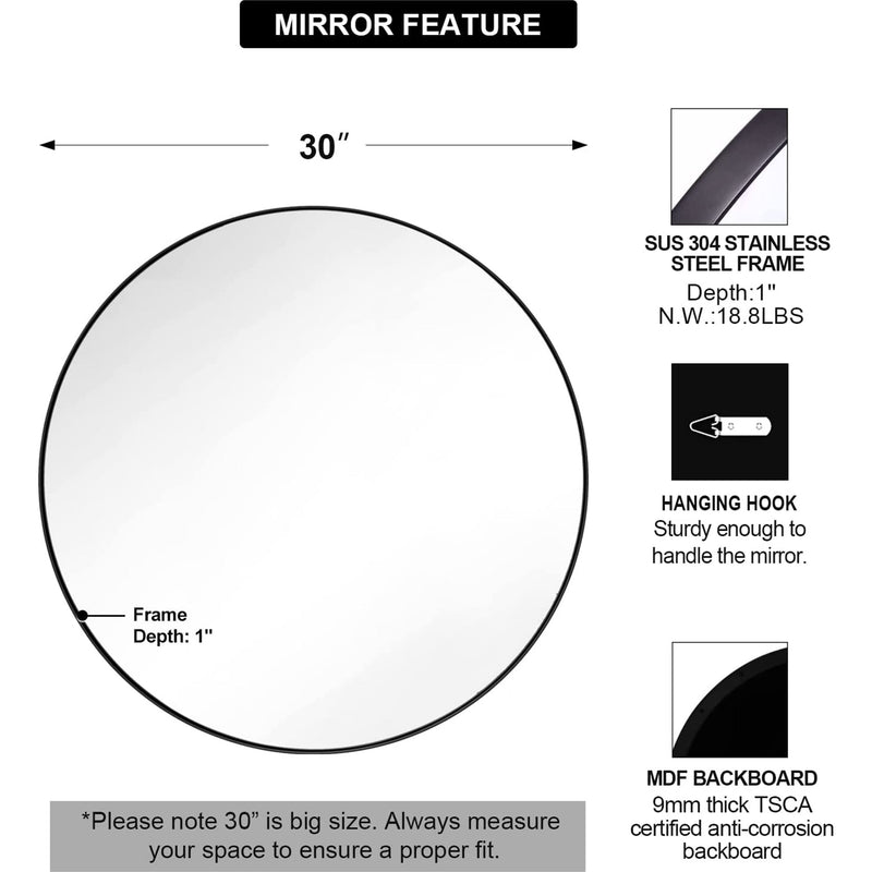 24 Inch Round Circle Mirror with Stainless Steel Metal Frame, Black (Open Box)