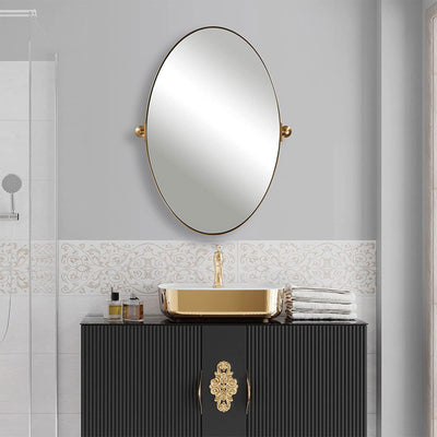 ANDY STAR 25 x 38 In Oval Pivoting Adjustable Vanity Mirror w/ Steel Frame, Gold