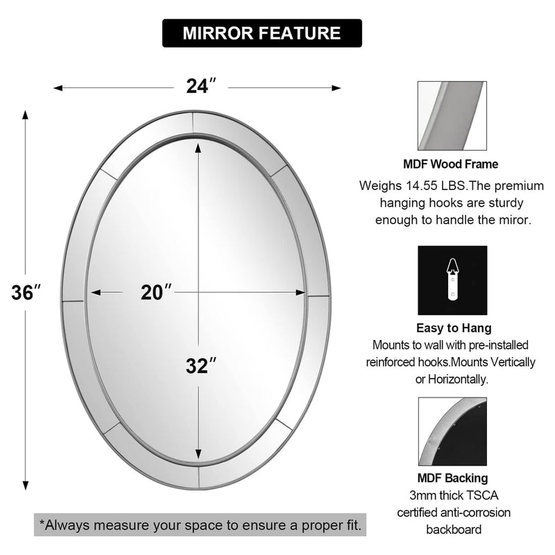 ANDY STAR Modern 24 x 36 Oval Glass Surrounded Bathroom Mirror, Brushed Nickel