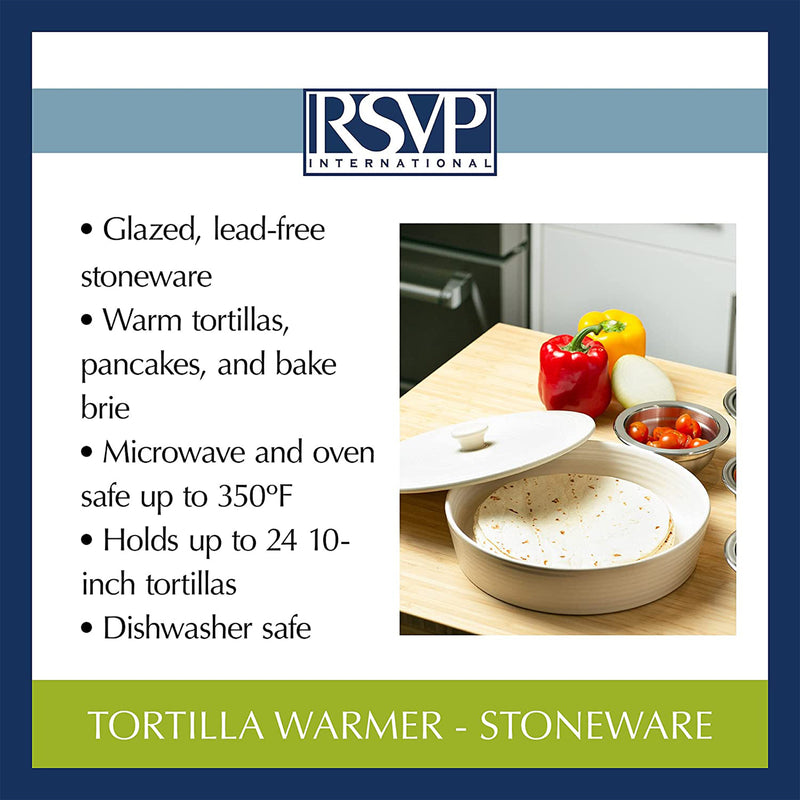 RSVP Microwave Oven Safe Stoneware Tortilla Warmer for up to 24 Tortillas, White