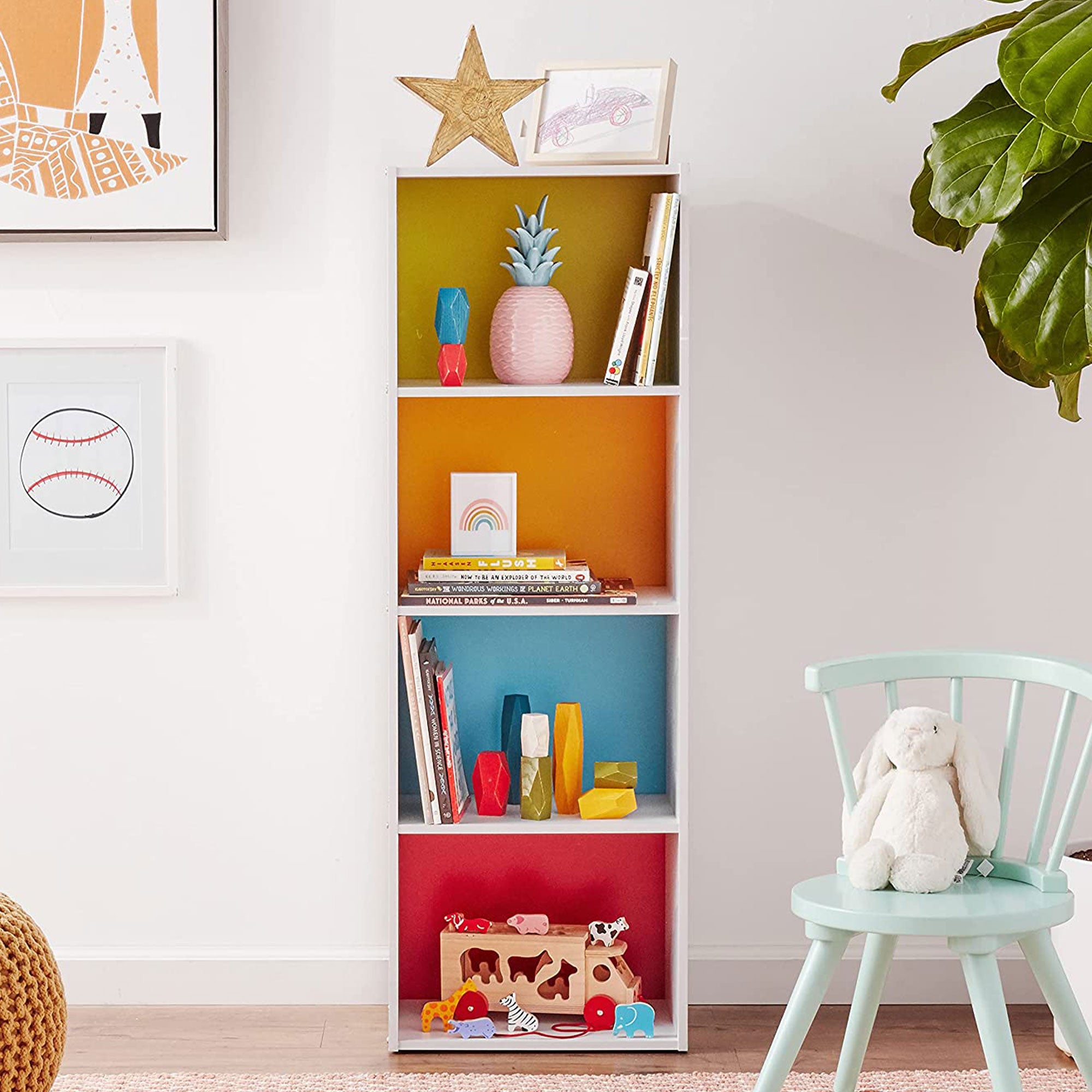 Hodedah Import 12 x 16 x 47 Inch 4 Shelf Bookcase Organizer, White and Rainbow - VMInnovations