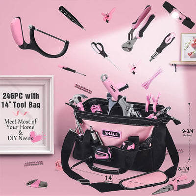 SHALL 246-Piece Ladies Home Hand Tool Set Kit w/Bag & Multiple Tools, Pink(Used)