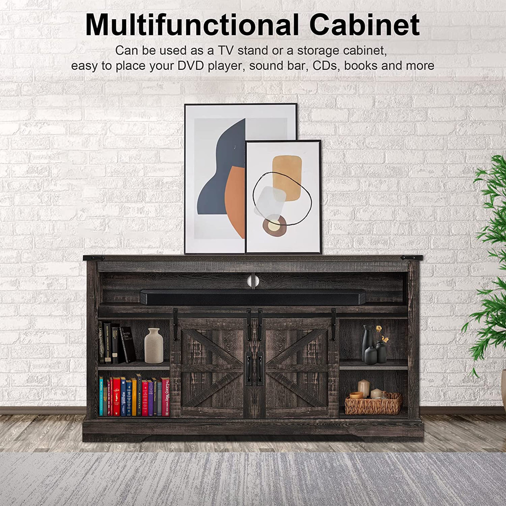 OKD 60" Sliding Barn Door Farmhouse Highboy TV Table Stand, Dark Oak (Open Box) - VMInnovations