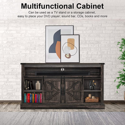 OKD 60" Sliding Barn Door Farmhouse Highboy TV Table Stand, Dark Oak (Open Box) - VMInnovations