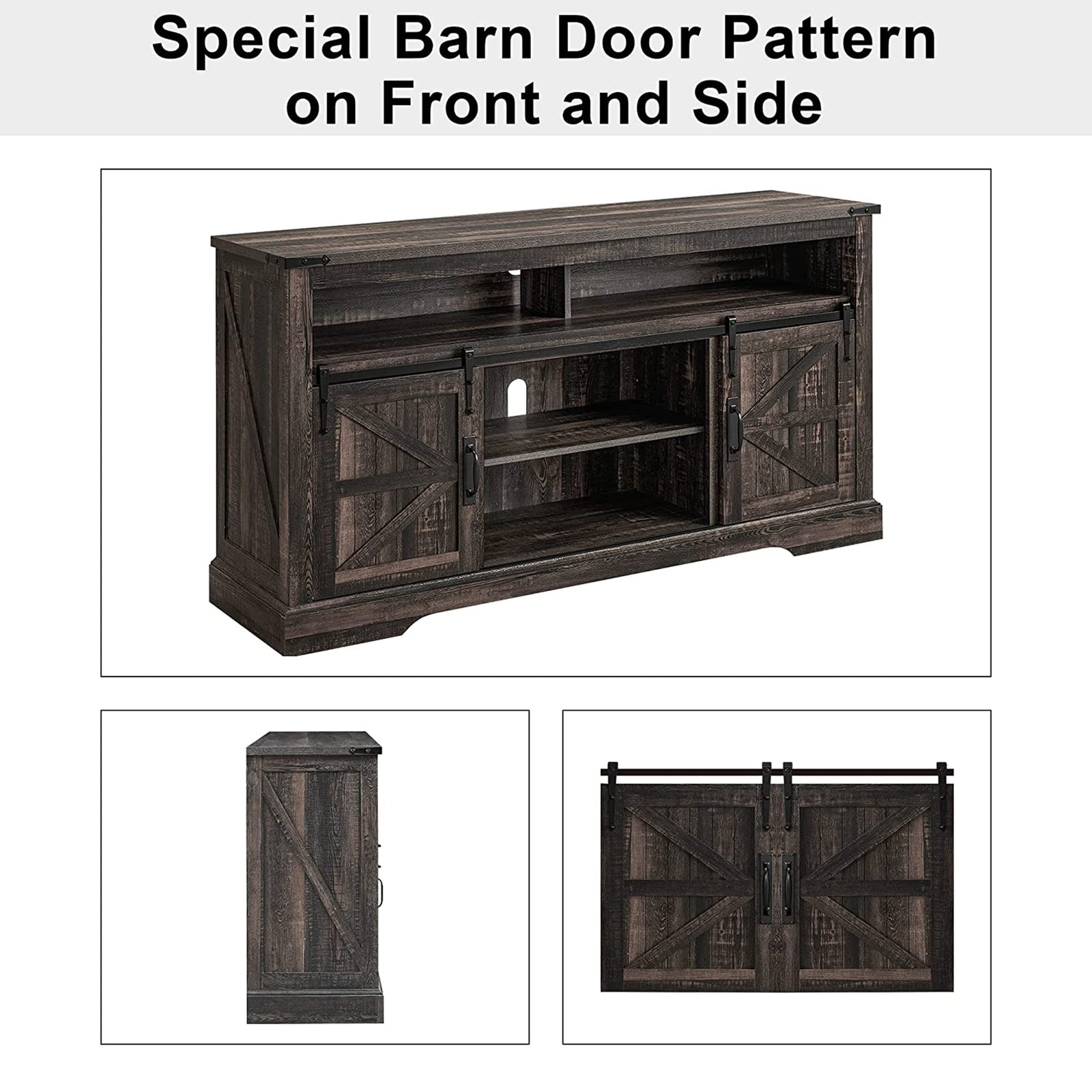 OKD 60" Sliding Barn Door Farmhouse Highboy TV Table Stand, Dark Oak (Open Box) - VMInnovations