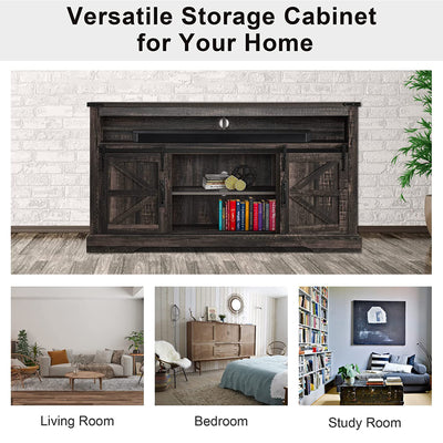 OKD 60" Sliding Barn Door Farmhouse Highboy TV Table Stand, Dark Oak (Open Box) - VMInnovations