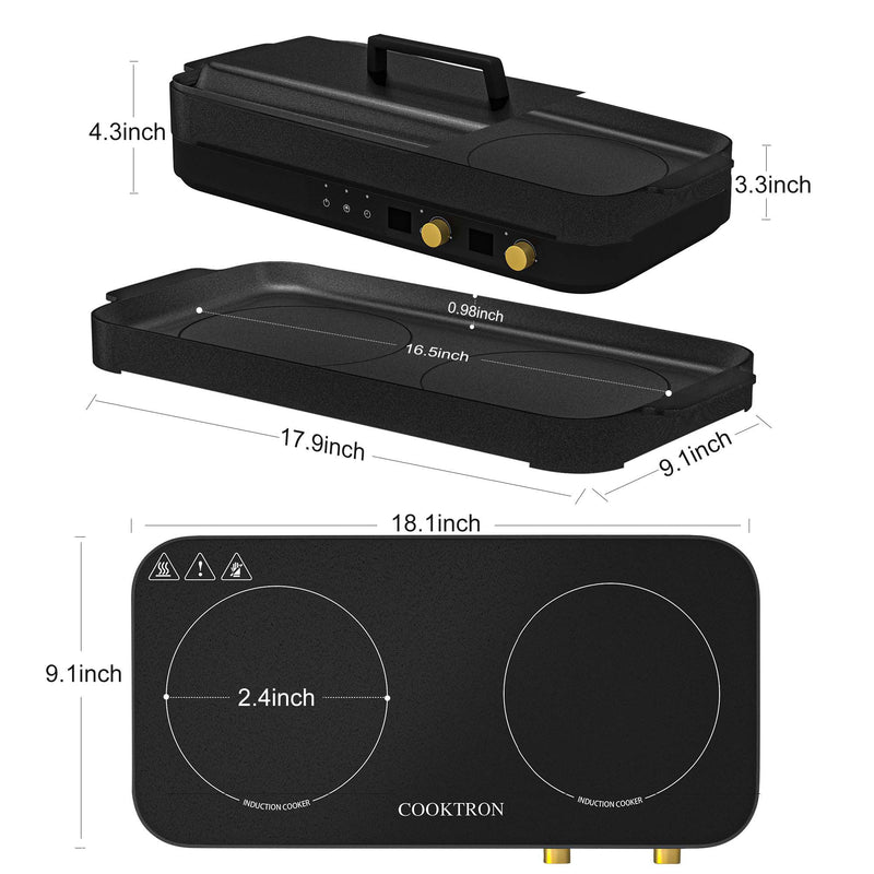 COOKTRON 1800W 230V Portable Double Burner Electric Induction Cooktop w/Griddle (For Parts)