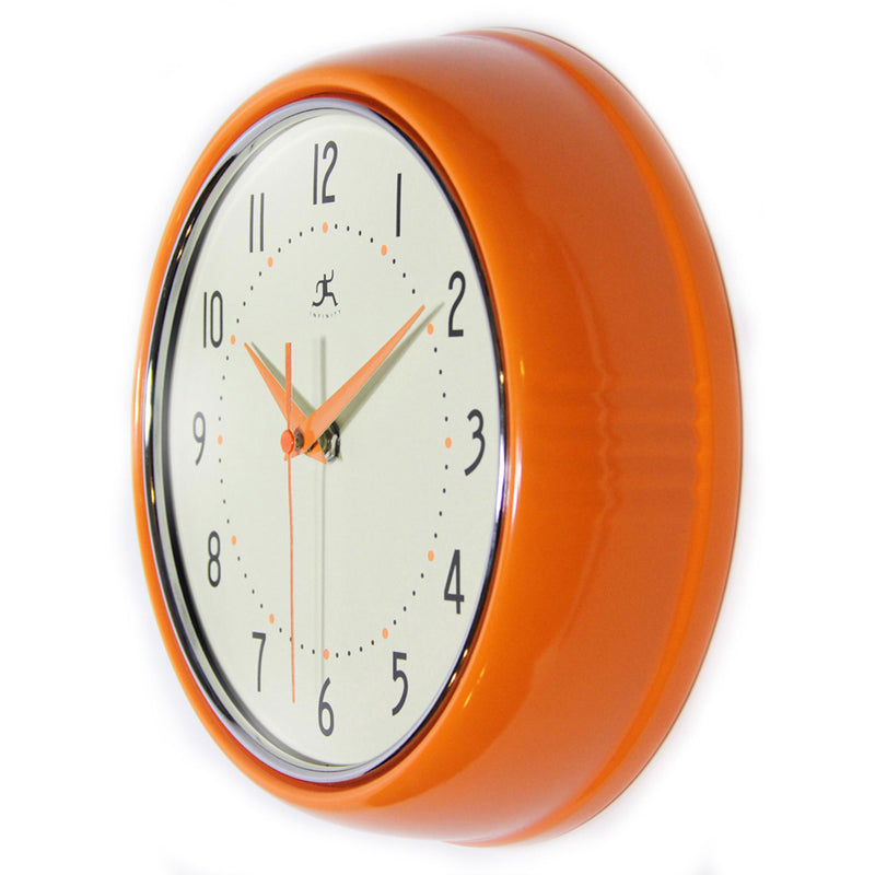 Infinity Instruments 9.5In Silent Retro Analog Aluminum Metal Wall Clock, Orange