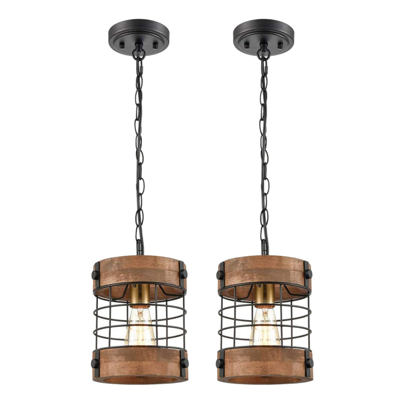 DIRYZON Metal Wood Wire Cage Hanging Ceiling Lamp, Distressed Brown (2 Pack)