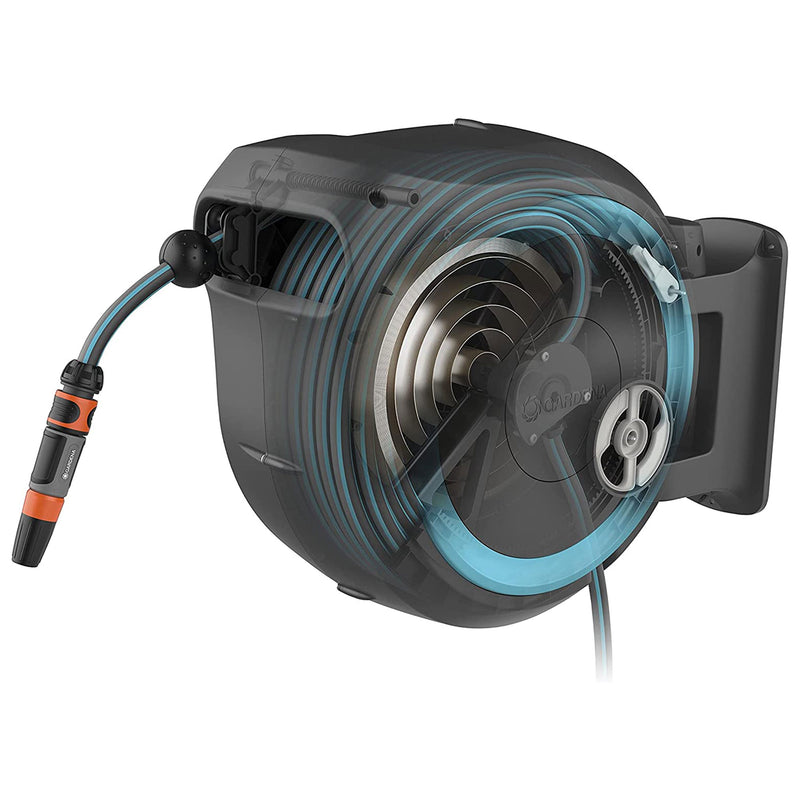 82 Foot Wall Mounted Retractable Hose Reel Box, Grey and Blue (Open Box)
