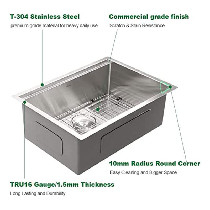 Sarlai 28 x 18 In Undermount Brushed Stainless Steel Single Bowl Sink (Open Box)