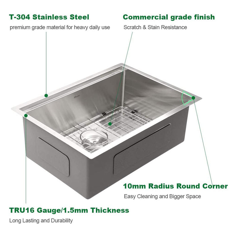 Sarlai 27 by 19 Inch Undermount Brushed Stainless Steel Single Bowl Kitchen Sink