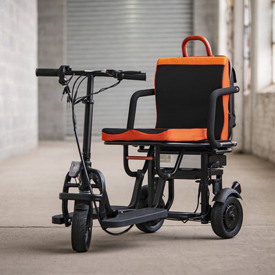 FeatherChair Ezfold Lightweight Electric Power Folding Scooter, Black and Orange