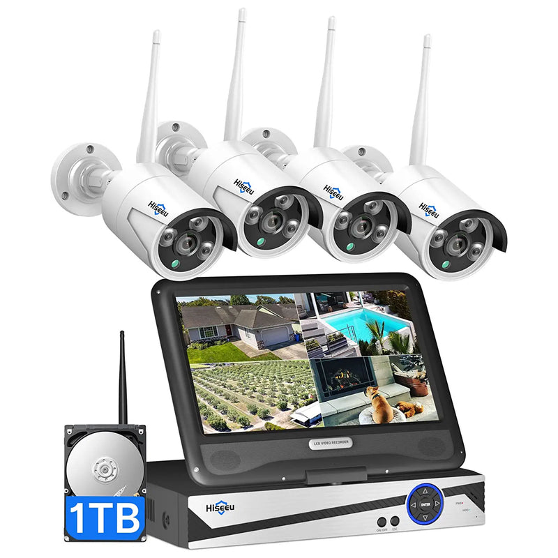 Hiseeu Wireless Security System w/4 Night Vision Cameras & 10in LCD Monitor