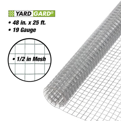 YardGard 4' x 25' 0.50" Square Mesh Wire Hardware Cloth Poultry Fence, Silver