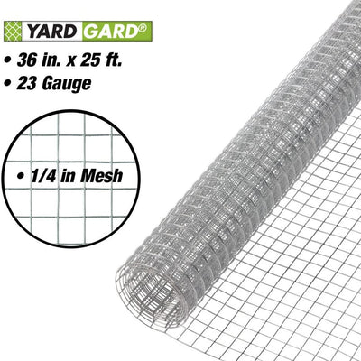 YardGard 3' x 25' 0.25" Square Mesh Wire Hardware Cloth Poultry Fence, Silver