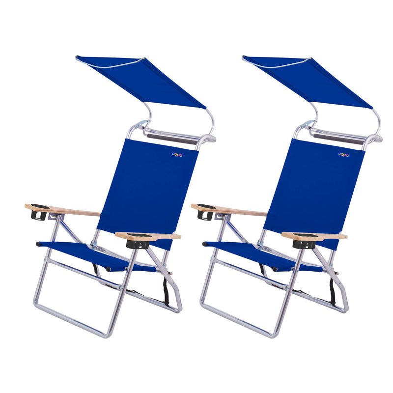 Copa Big Tycoon Aluminum 4 Position Folding Lounge Chair w/ Canopy, Blue (2 Pk)