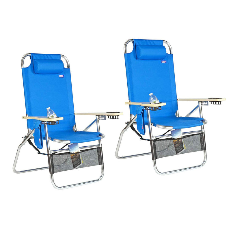 Copa Big Papa Metal 4 Position Folding Lounge Chair w/ Cupholders, Blue (2 Pack)