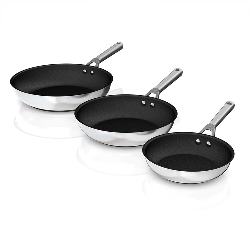 NeverStick Stainless Steel Oven Safe 8", 10.25", and 12" Fry Pan Set (Open Box)