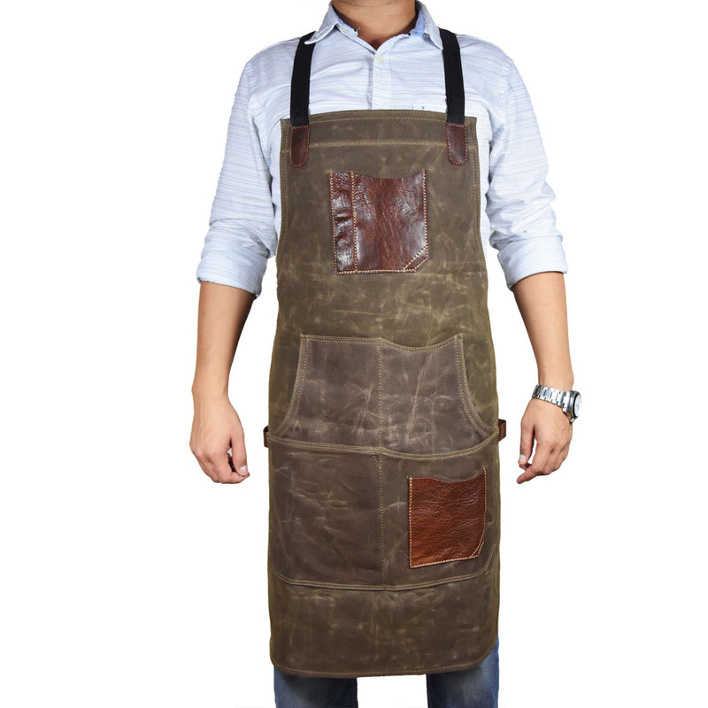 Aaron Leather Goods Turin Waxed Canvas Apron with Leather Pockets, Seaweed Green
