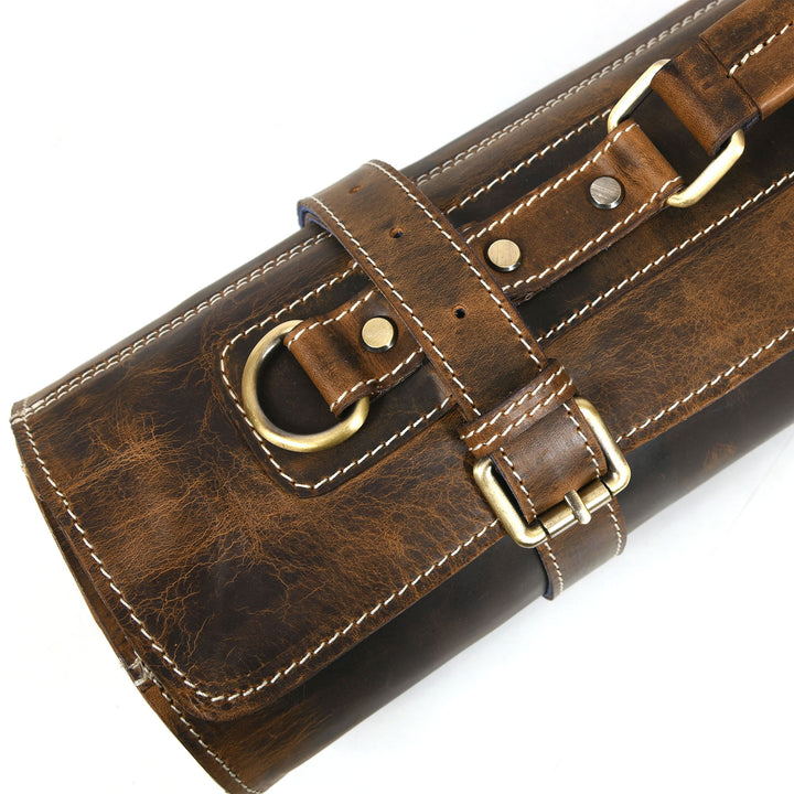 Aaron Leather Goods Tuscania Knife Roll Storage Bag Case, Cedar & Royal Blue